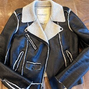 Ralph Lauren Denim & Supply Sherpa Ivory Black Motorcycle Jacket Coat -Size M